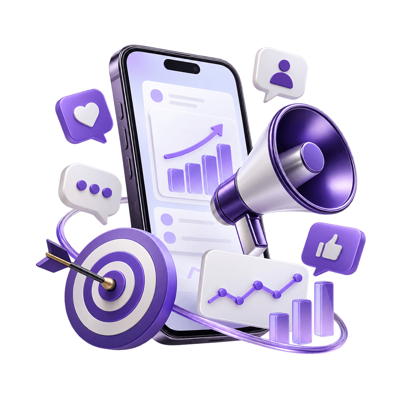 Ilustração 3D de megafone e ícones de redes sociais representando marketing digital