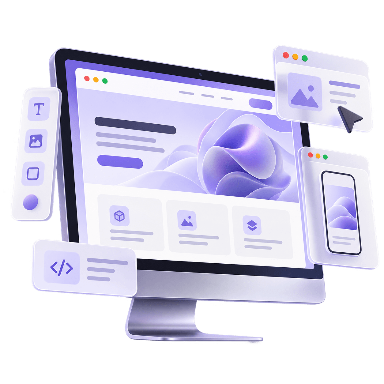 Ilustração 3D de um computador exibindo a interface de um site